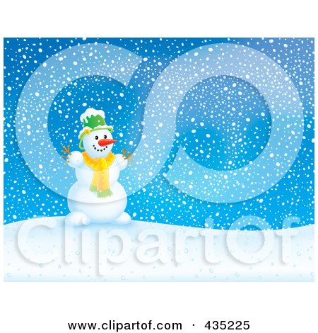Royalty-Free (RF) Clipart Illustration of a Happy Snowman On A Snowy Hill by Alex Bannykh