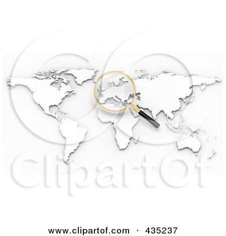 Royalty-Free (RF) Clipart Illustration of a 3d Magnifying Glass Hovering Over Europe On A White Atlas by Tonis Pan