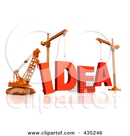 Royalty-Free (RF) Clipart Illustration of a 3d Construction Cranes And Lifting Machines Assembling The Word IDEA by Tonis Pan