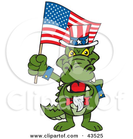 Clipart Illustration of a Patriotic Uncle Sam Alligator Waving An American Flag On Independence Day by Dennis Holmes Designs