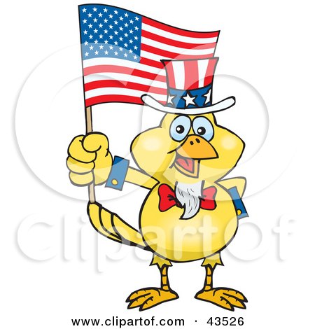 Clipart Illustration of a Patriotic Uncle Sam Canary Waving An American Flag On Independence Day by Dennis Holmes Designs