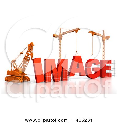 Royalty-Free (RF) Clipart Illustration of a 3d Construction Cranes And Lifting Machines Assembling The Word IMAGE by Tonis Pan