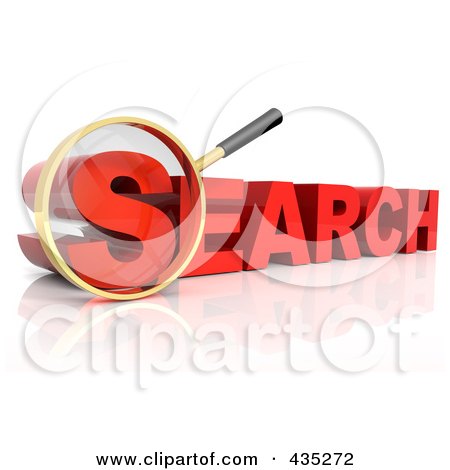 Royalty-Free (RF) Clipart Illustration of a 3d Magnifying Glass Over The Red Word SEARCH by Tonis Pan