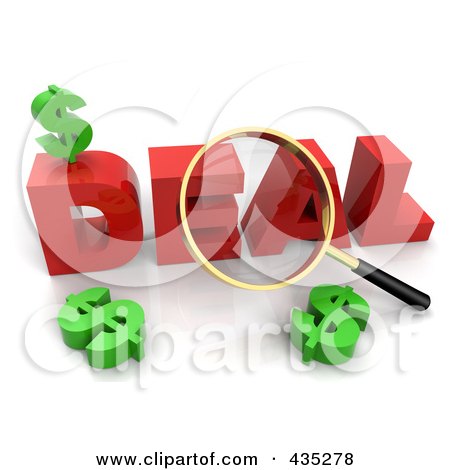 Royalty-Free (RF) Clipart Illustration of a 3d Magnifying Glass Over The Red Word DEAL by Tonis Pan