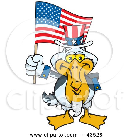 Clipart Illustration of a Patriotic Uncle Sam Pelican Waving An American Flag On Independence Day by Dennis Holmes Designs