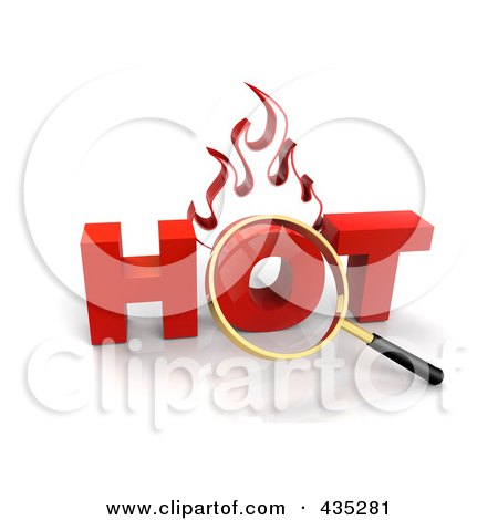 Royalty-Free (RF) Clipart Illustration of a 3d Magnifying Glass Over The Red Word HOT by Tonis Pan