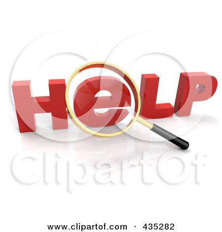 Royalty-Free (RF) Clipart Illustration of a 3d Magnifying Glass Over The Red Word HELP by Tonis Pan
