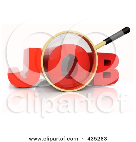 Royalty-Free (RF) Clipart Illustration of a 3d Magnifying Glass Over The Red Word JOB by Tonis Pan