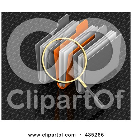 Royalty-Free (RF) Clipart Illustration of a 3d Magnifying Glass Searching Through Folders Over A Black Grid by Tonis Pan