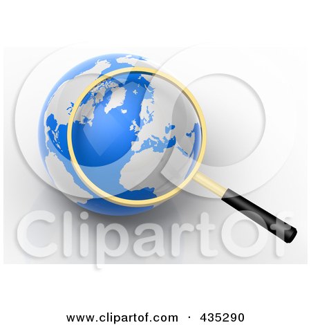 Royalty-Free (RF) Clipart Illustration of a 3d Magnifying Glass Zooming In On Europe On A Globe by Tonis Pan