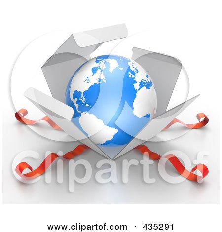 Royalty-Free (RF) Clipart Illustration of a 3d Globe Bursting Out Through A White Box, With Red Ribbons by Tonis Pan