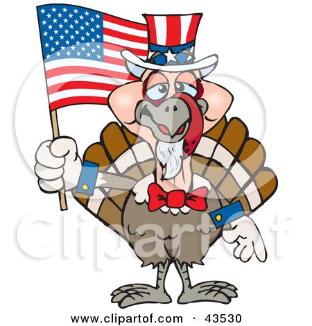 Clipart Illustration of a Patriotic Uncle Sam Turkey Waving An American Flag On Independence Day by Dennis Holmes Designs
