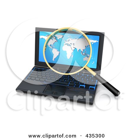 Royalty-Free (RF) Clipart Illustration of a 3d Magnifying Glass Zooming In On A World Map On A Laptop Screen by Tonis Pan