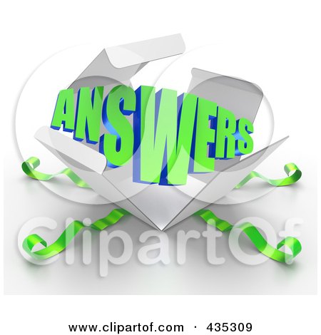 Royalty-Free (RF) Clipart Illustration of a 3d Word ANSWERS Bursting Out Through A White Box, With Green Ribbons by Tonis Pan