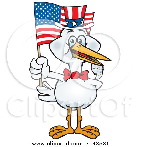 Clipart Illustration of a Patriotic Uncle Sam Stork Waving An American Flag On Independence Day by Dennis Holmes Designs