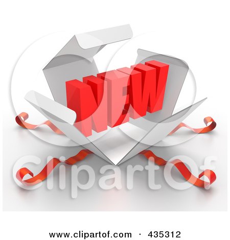 Royalty-Free (RF) Clipart Illustration of a 3d Word NEW Bursting Out Through A White Box, With Red Ribbons by Tonis Pan