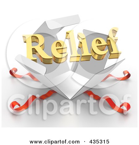 Royalty-Free (RF) Clipart Illustration of a 3d Word RELIEF Bursting Out Through A White Box, With Red Ribbons by Tonis Pan