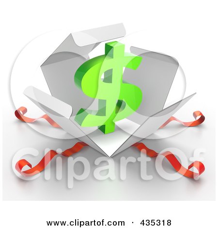Royalty-Free (RF) Clipart Illustration of a 3d Dollar Symbol Bursting Out Through A White Box, With Red Ribbons by Tonis Pan