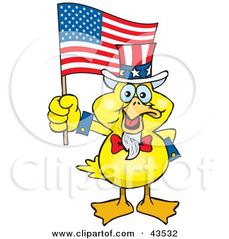 Clipart Illustration of a Patriotic Uncle Sam Duck Waving An American Flag On Independence Day by Dennis Holmes Designs
