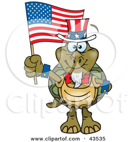 Clipart Illustration of a Patriotic Uncle Sam Tortoise Waving An American Flag On Independence Day by Dennis Holmes Designs