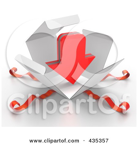Royalty-Free (RF) Clipart Illustration of a 3d Red Download Arrow Bursting Out Through A White Box, With Red Ribbons by Tonis Pan