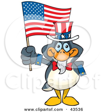 Clipart Illustration of a Patriotic Uncle Sam Penguin Waving An American Flag On Independence Day by Dennis Holmes Designs