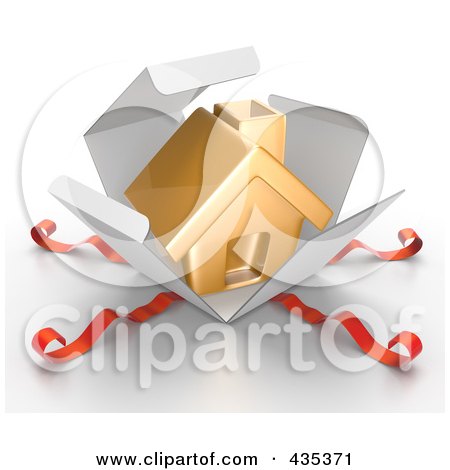 Royalty-Free (RF) Clipart Illustration of a 3d Gold House Bursting Out Through A White Box, With Red Ribbons by Tonis Pan