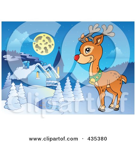 Royalty-Free (RF) Clipart Illustration of Rudolph The Red Nose Reindeer By A Winter Village by visekart