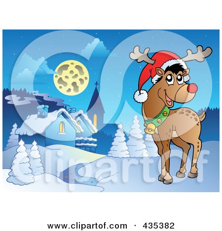 Royalty-Free (RF) Clipart Illustration of Rudolph The Red Nose Reindeer Near A Winter Village by visekart