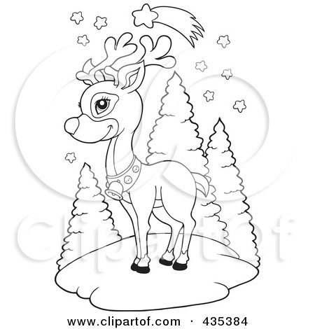 Royalty-Free (RF) Clipart Illustration of a Coloring Page Outline Of Rudolph The Red Nose Reindeer Under A Shooting Star by visekart