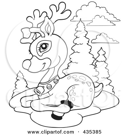 Royalty-Free (RF) Clipart Illustration of a Coloring Page Outline Of Rudolph The Red Nose Reindeer Resting by visekart