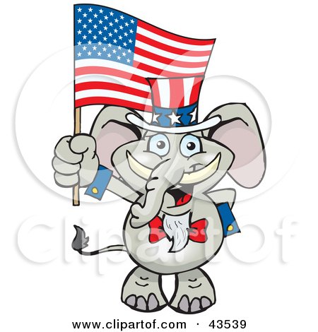 Clipart Illustration of a Patriotic Uncle Sam Elephant Waving An American Flag On Independence Day by Dennis Holmes Designs