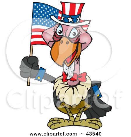 Clipart Illustration of a Patriotic Uncle Sam Vulture Waving An American Flag On Independence Day by Dennis Holmes Designs