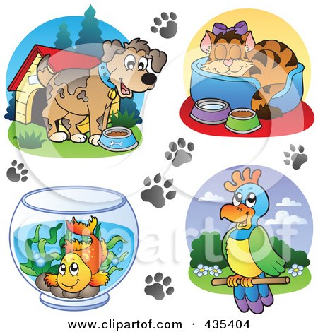Royalty-Free (RF) Clipart Illustration of a Digital Collage Of Dog, Cat, Goldfish And Parrot Logos by visekart