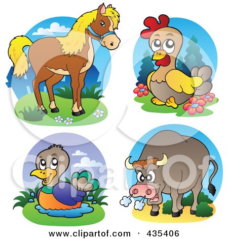 Royalty-Free (RF) Clipart Illustration of a Digital Collage Of Horse, Chicken, Duck And Bull Logos by visekart