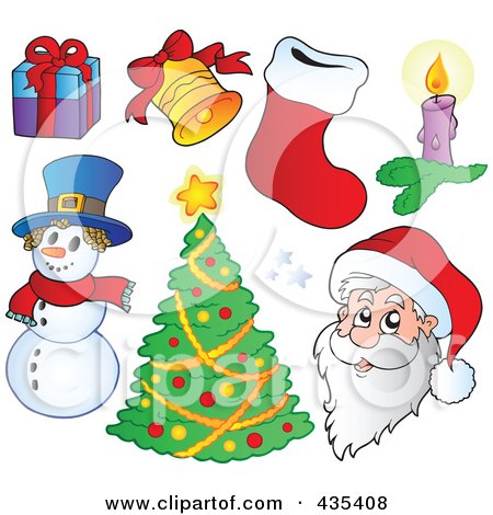 Royalty-Free (RF) Clipart Illustration of a Digital Collage Of Santa, A Snowman, Christmas Tree And Other Items by visekart