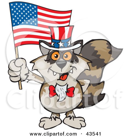 Clipart Illustration of a Patriotic Uncle Sam Raccoon Waving An American Flag On Independence Day by Dennis Holmes Designs