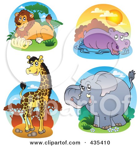 Royalty-Free (RF) Clipart Illustration of a Digital Collage Of Lion, Hippo, Giraffe And Elephant Safari Logos by visekart