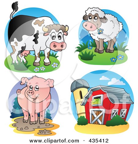 Royalty-Free (RF) Clipart Illustration of a Digital Collage Of Cow, Lamb, Pig And Barn Logos by visekart