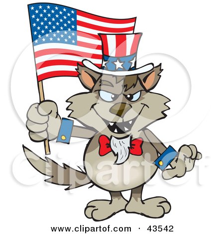 Clipart Illustration of a Patriotic Uncle Sam Wolf Waving An American Flag On Independence Day by Dennis Holmes Designs
