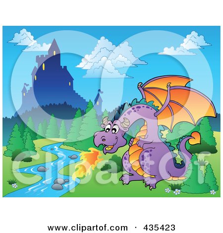 Royalty-Free (RF) Clipart Illustration of a Dragon Guarding A Castle - 1 by visekart