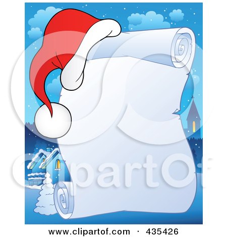 Royalty-Free (RF) Clipart Illustration of a Frozen Christmas Parchment Scroll With A Santa Hat Over A Village by visekart