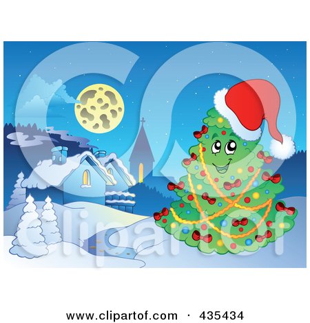 Royalty-Free (RF) Clipart Illustration of a Happy Christmas Tree Near A Winter Village by visekart
