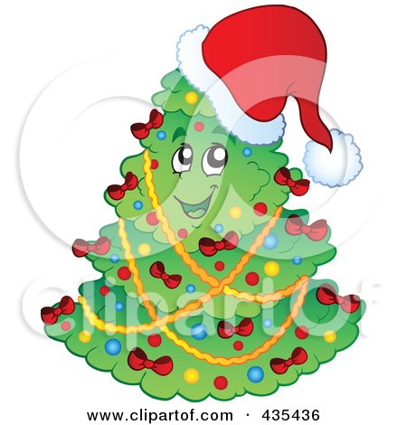 Royalty-Free (RF) Clipart Illustration of a Friendly Christmas Tree Wearing A Santa Hat by visekart