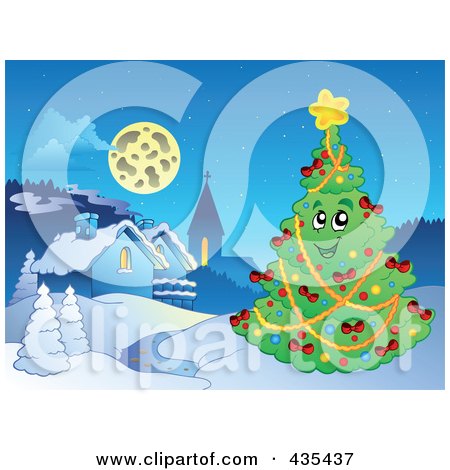 Royalty-Free (RF) Clipart Illustration of a Friendly Christmas Tree Near A Winter Village by visekart