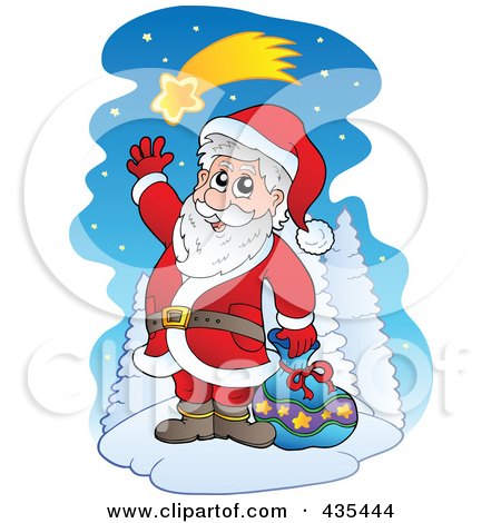 Royalty-Free (RF) Clipart Illustration of Santa Waving Under A Shooting Star by visekart