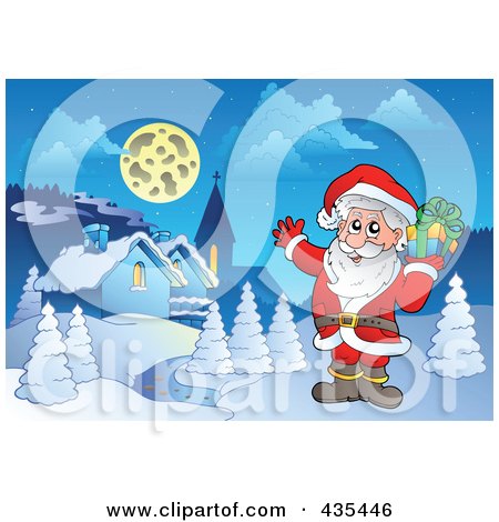 Royalty-Free (RF) Clipart Illustration of Santa Waving And Holding A Christmas Gift Near A Winter Village by visekart