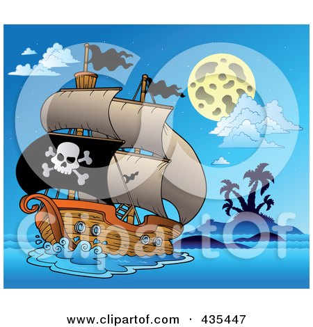 Royalty-Free (RF) Clipart Illustration of a Pirate Ship Sailing At Night by visekart