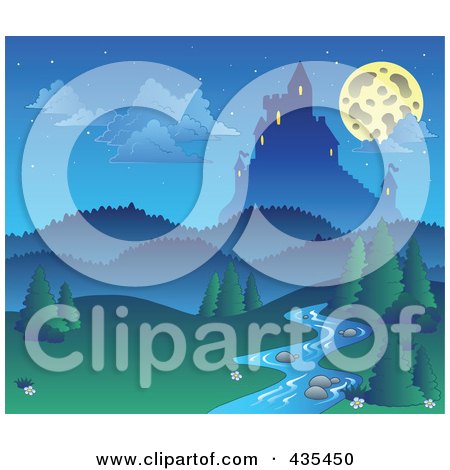 Royalty-Free (RF) Clipart Illustration of a Full Moon Above A Castle by visekart