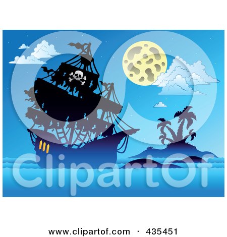 Royalty-Free (RF) Clipart Illustration of a Ghostly Pirate Ship Sailing At Night by visekart